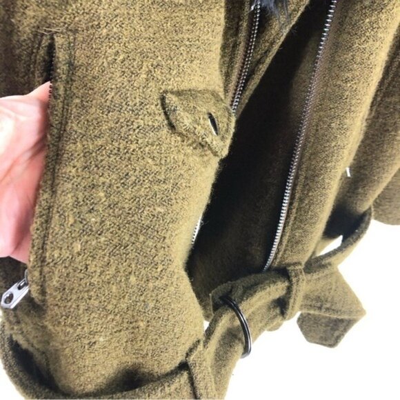 H&M Women Sz S Wool Blend Faux Fur Moto Jacket Olive Casual Fall Coat Aviator - Picture 9 of 13